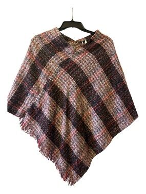 Plaid Fringe Poncho in Mixed Berry Tones